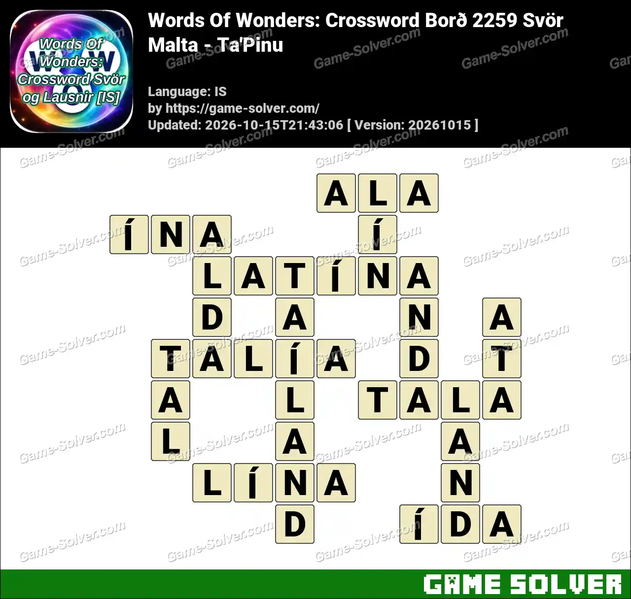 Words Of Wonders: Crossword Borð 2259 Svör – Malta – Ta’Pinu